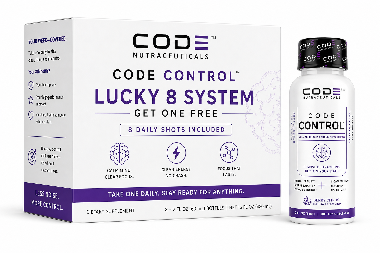 CODE CONTROL Lucky 8 System — 8 daily nootropic shots packaged with one bonus bottle